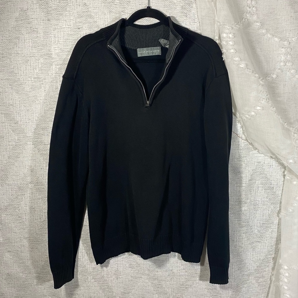 Oscar De La Renta Black Knit 1/4 Zip Mock Neck Pullover Sweater size L
